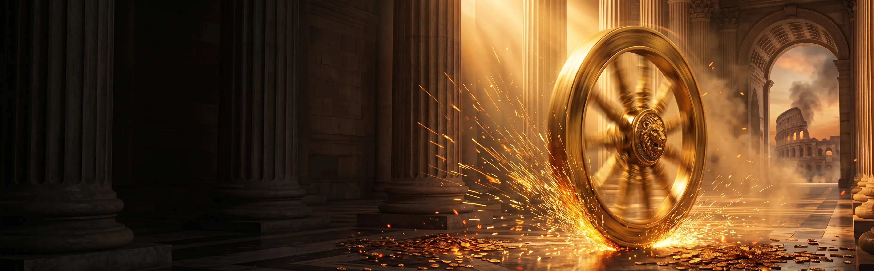 Giant golden wheel of fortune spinning in a shower of sparks between Roman columns, gold coins scattered on the floor