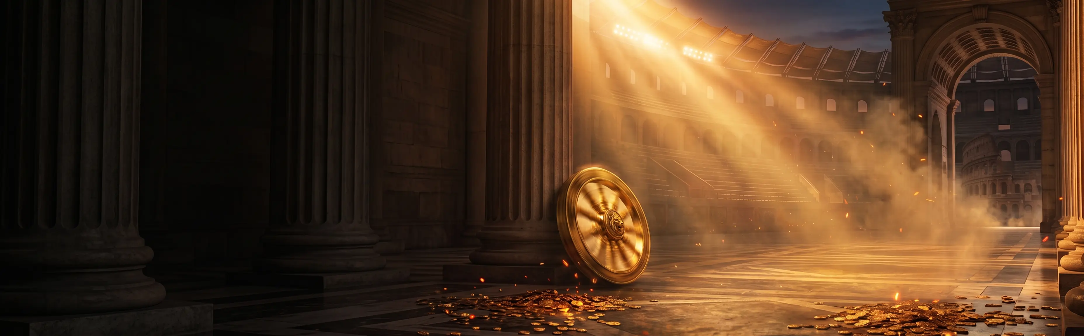 Golden chariot wheel resting against a marble column inside a sunlit Roman arena